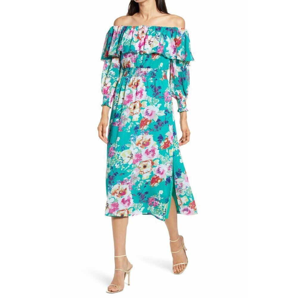 CHARLES HENRY Floral Off The Shoulder Long Sleeve Midi Dress Atlantis Roses XS
